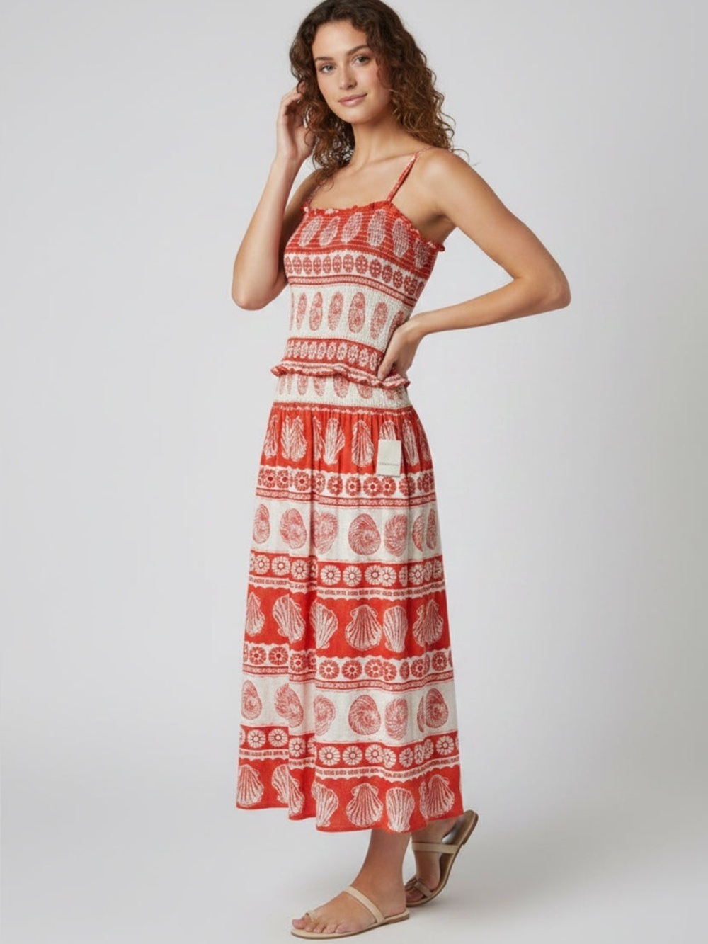 Two Set Red and White Shell-Print Top & Skirt